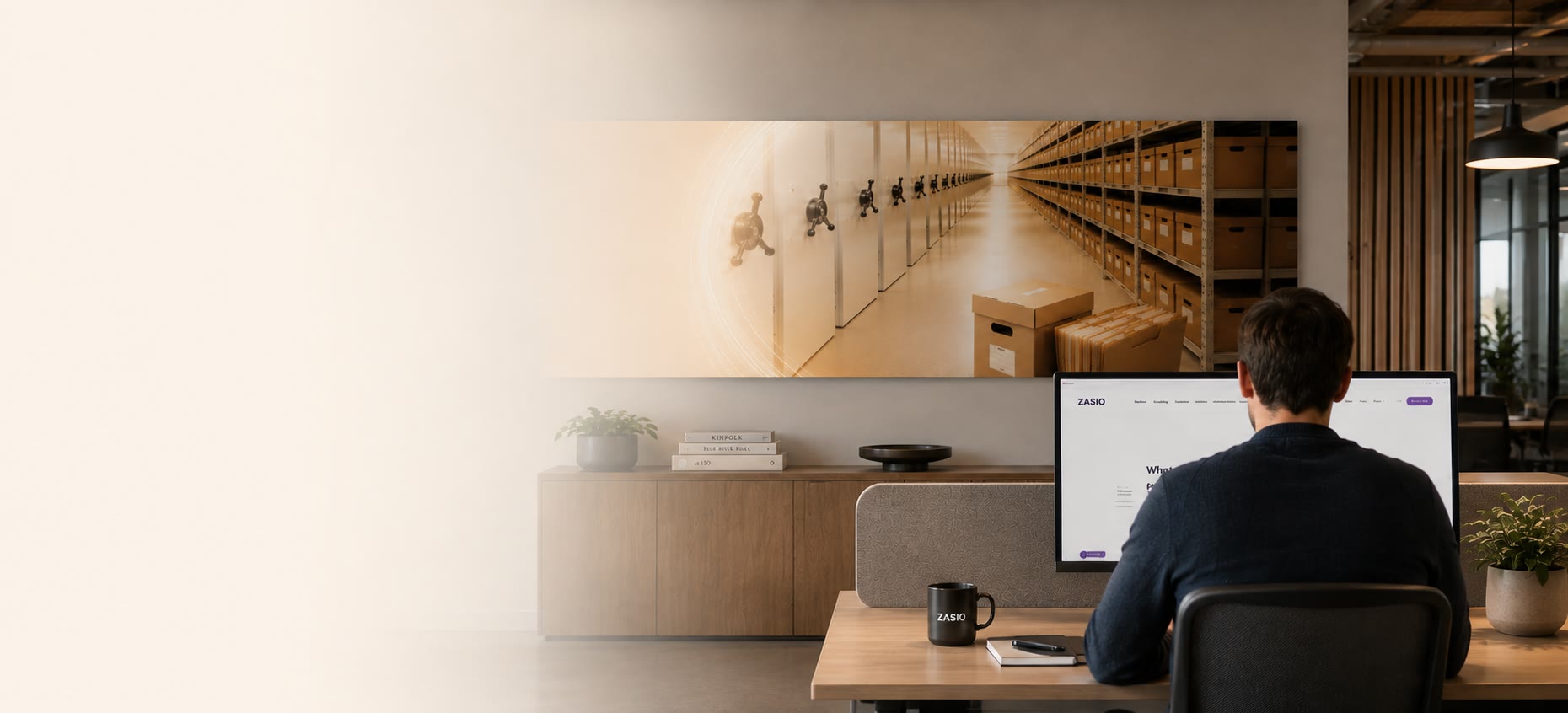 A Zasio workspace: a wide print of an archive vault and box shelving hangs above the credenza, while a colleague works at a monitor showing the Zasio site